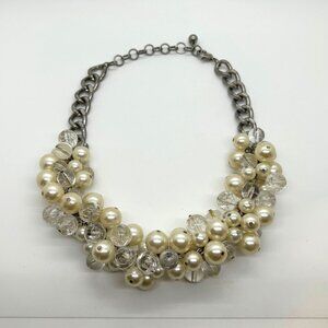 Faux Pearl & Clear Crystal Necklace Chunky Statement Bib Silver-Tone Adjustable